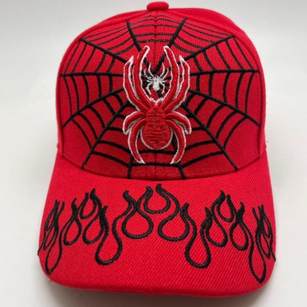 Red Flame Spider Cap – Embroidered Web Design Hat
